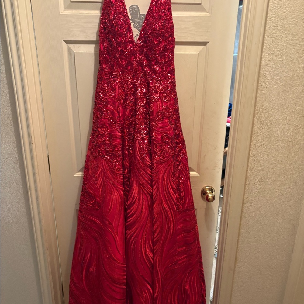 JVN by Jovani Red Halter Prom Gown